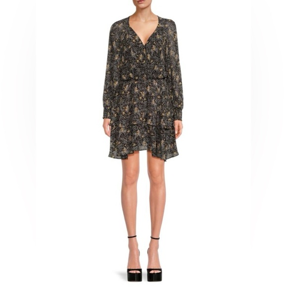 NWOT ASTR The Label Faux Wrap Blouson Chiffon Dress in Black/Gold Size M - Picture 1 of 17